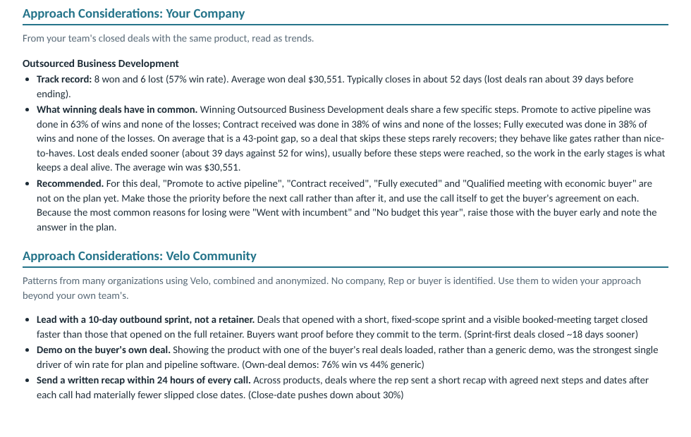 A Pre-Call Plan showing approach considerations drawn from your company’s closed deals for the same product, and patterns from many organizations.